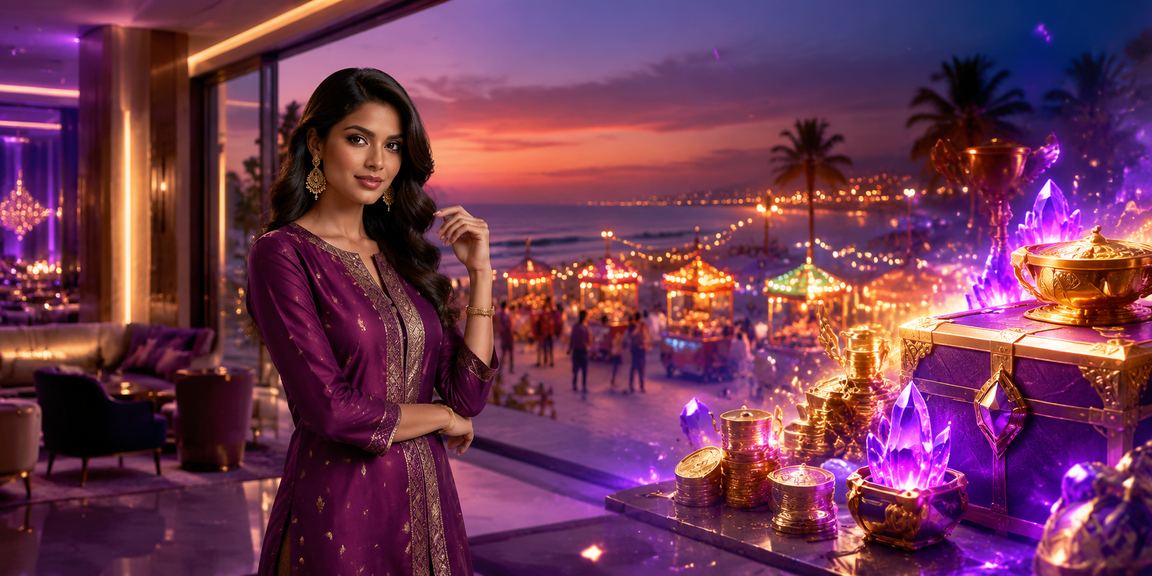 Young Indian woman enjoying mobile Rummy gameplay on a smartphone at Chennai beach