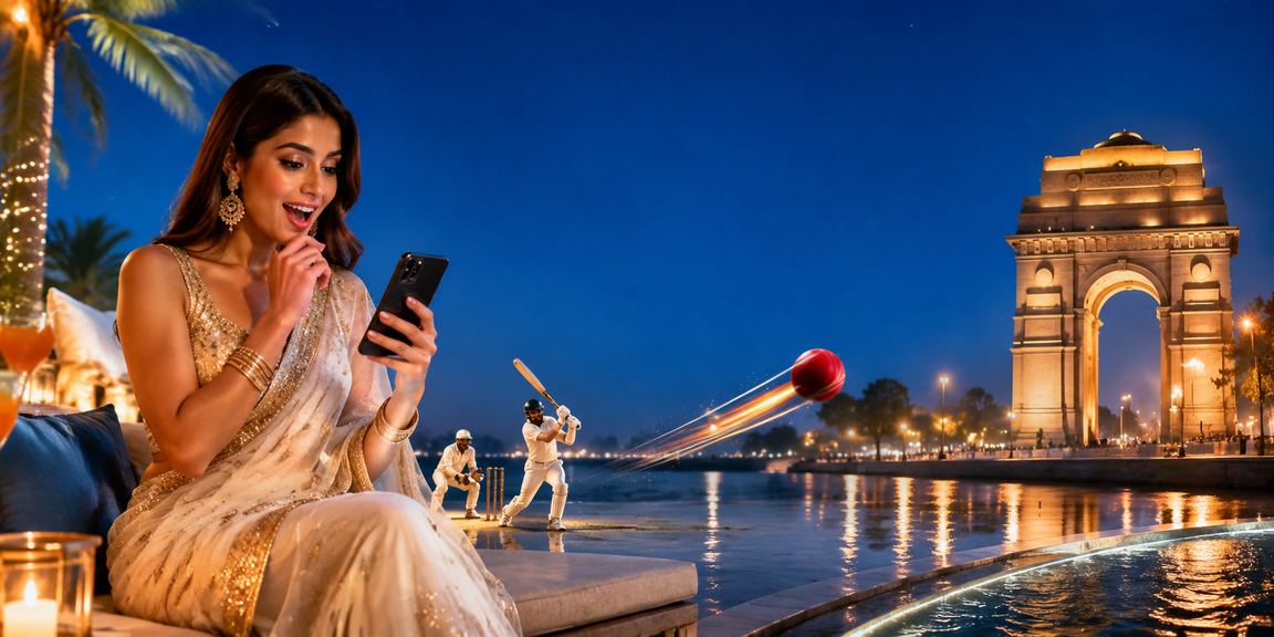 Indian woman using mobile device for cricket betting registration