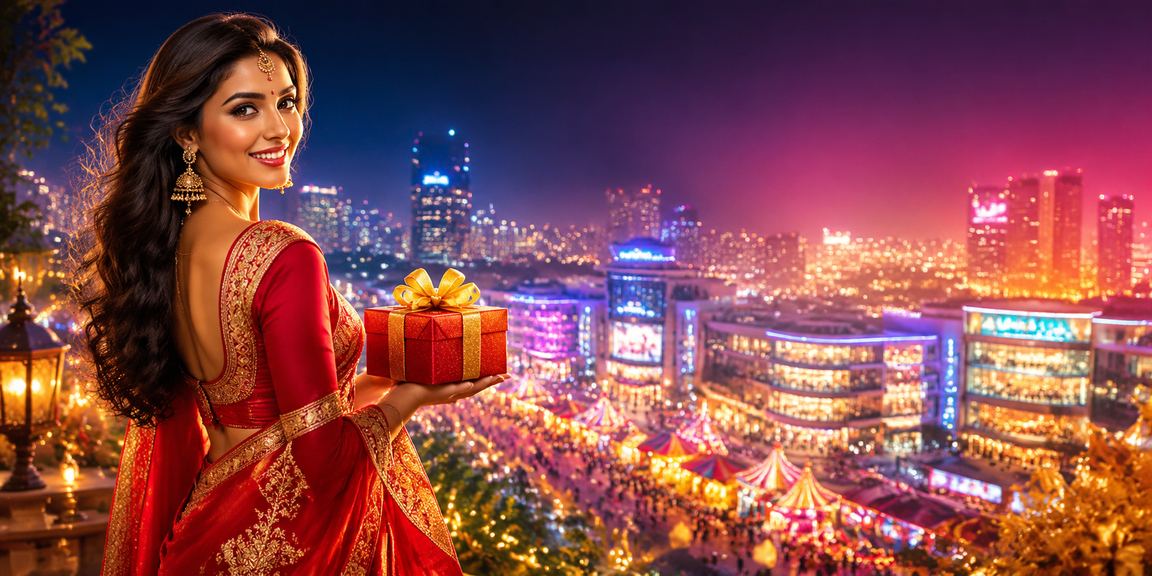Indian woman playing Rummy online on mobile with festive lighting