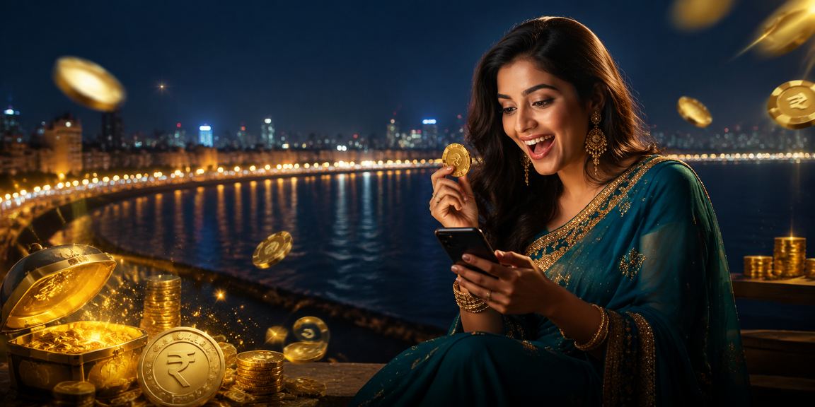 Mobile casino gameplay at Mumbai Marine Drive with traditional Indian attire
